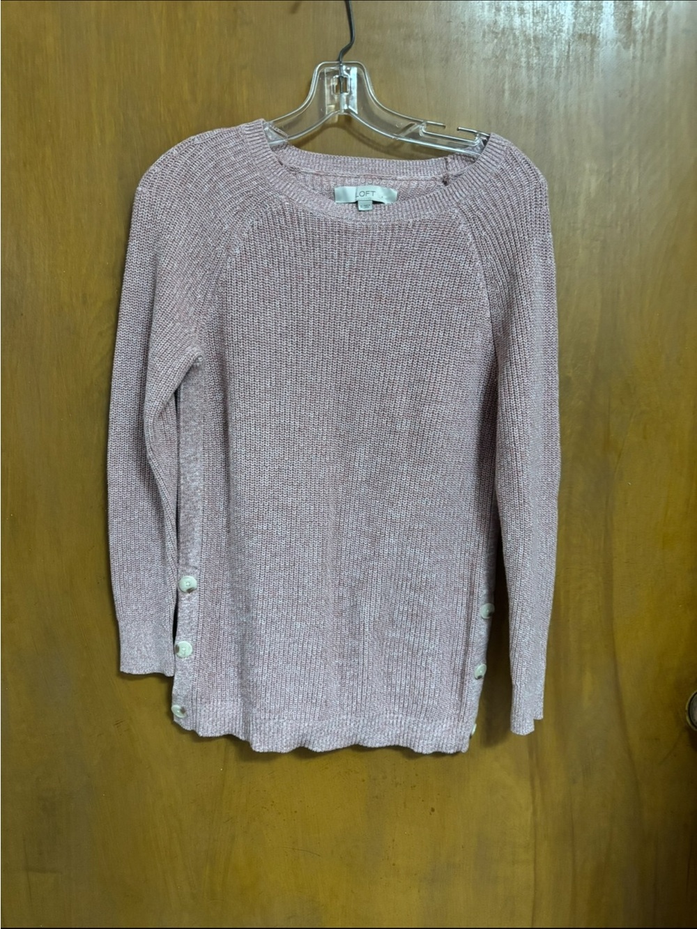 LOFT, Pink Crewneck Button-Side Knit Sweater, Size Small